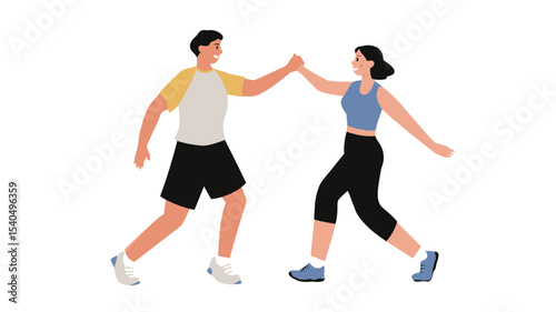 A vector illustration depicting a young man and woman, both dressed in athletic wear, giving each other a high five.  They are illustrated in a simple, cartoonish style against a plain white