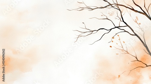 Minimalist watercolor painting of bare tree branches with a few autumn leaves against a soft beige background.
