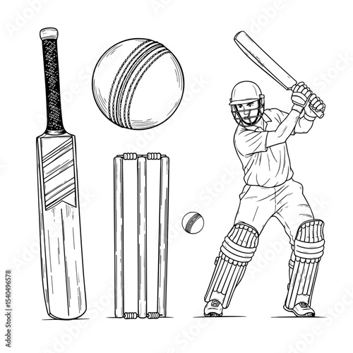 Cricket Elements Hand Drawn Sketch in one Picture, on a Transparent Isolated PNG Background photo