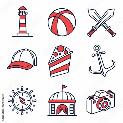 Nine red and white summer icons set illustration