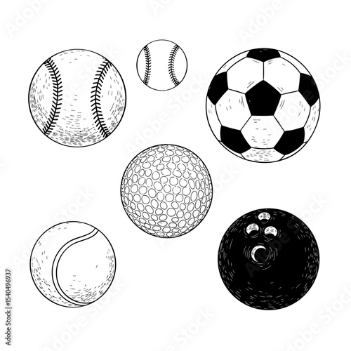 Types of Balls Hand Drawn Sketch in one Picture, on a Transparent Isolated PNG Background