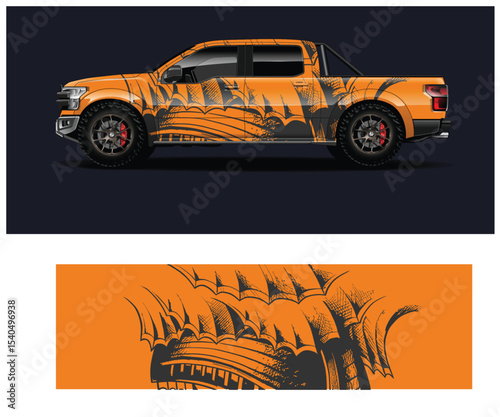 Orange Pickup Truck with Abstract Tribal Design Wrap