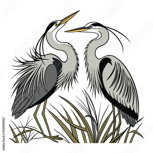 two herons standing in the grass with their heads facing each other.