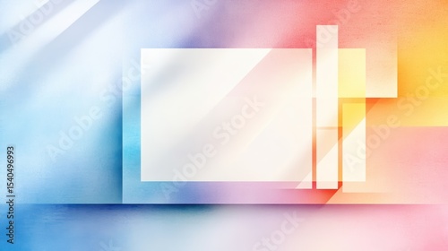 Abstract geometric composition with translucent rectangles and soft gradient colors blending blue, pink, yellow, and orange on a textured background.