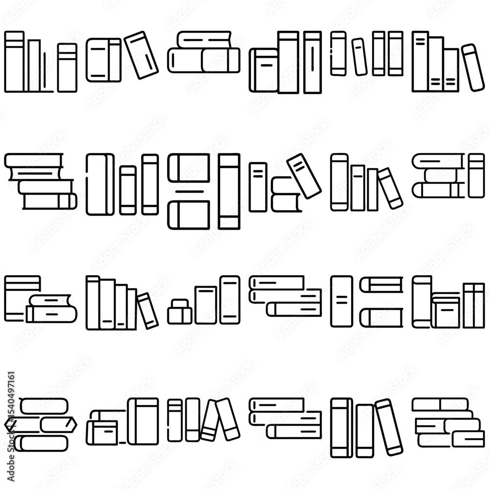Obraz premium Illustration showing various arrangements of books in stacks and rows with simple line art design style