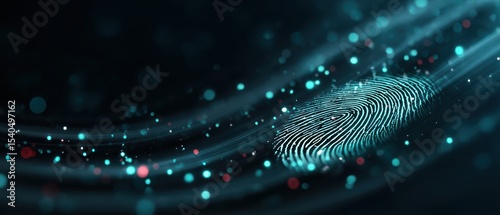 A glowing digital fingerprint scan with abstract data points represents biometric security and identity verification in a futuristic, high-tech environment.