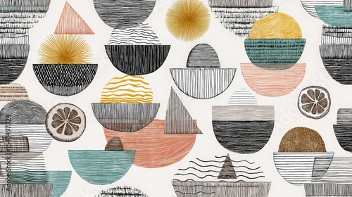 Colorful abstract geometric patterns featuring various shapes and textures on a light background