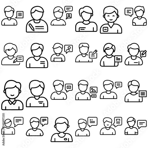 Collection of user icons with speech bubbles and writing symbols in black outline style design vector