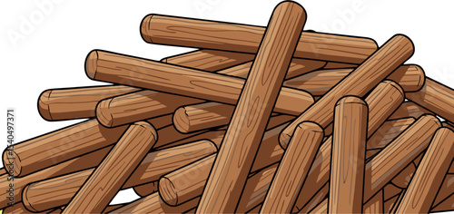 Cartoon illustration of a jumbled pile of brown wooden dowels with rounded ends