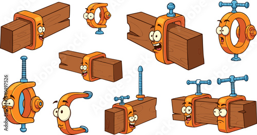 Cartoon Orange Clamps with Expressive Faces Holding Wooden Blocks, Isolated