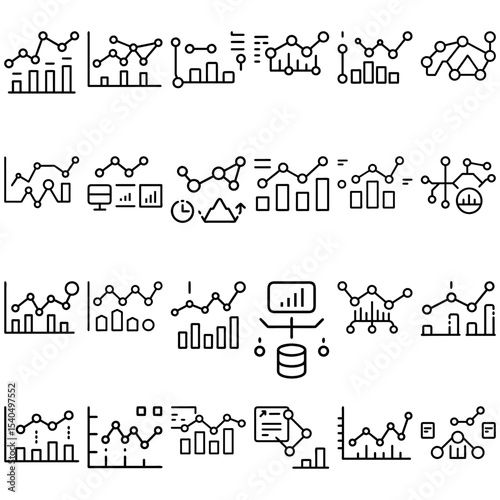Collection of various data analysis and graph icons representing statistical information and trends analysis
