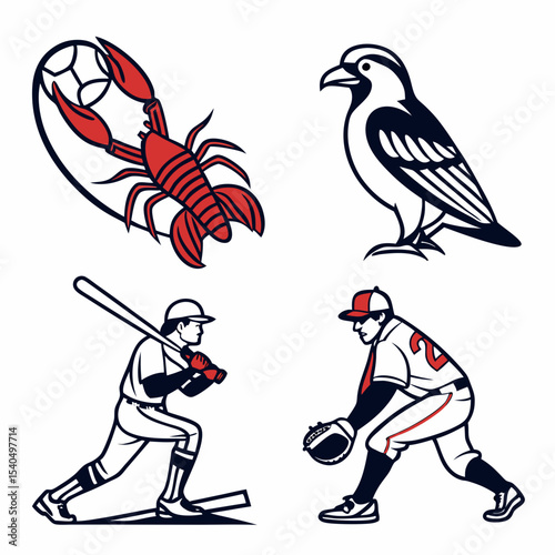 Baseball mascots crayfish bird batter catcher