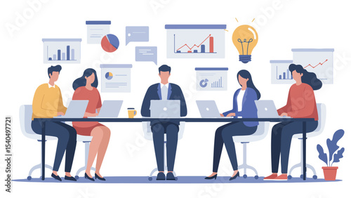 Vektor datar modern tim bisnis berdiskusi di meja dengan laptop, grafik, dan ide. Desain background transparan, ideal untuk konsep kolaborasi dan presentasi.