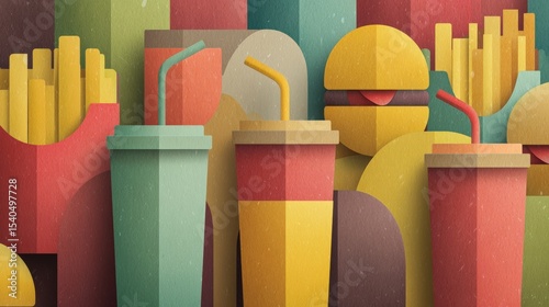 Colorful abstract illustration of fast food items including burgers, fries, and drinks in a playful arrangement