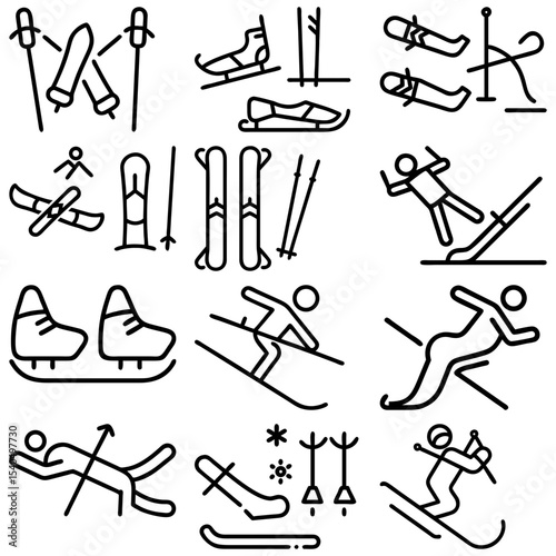 Collection of winter sports equipment and activities represented as line drawings in a vector graphic