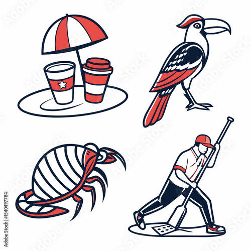 Summer vacation icons beach bird coffee crab cleaning