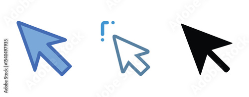 Three variations of a cursor arrow icon in blue black and gray