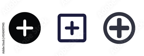 Three variations of plus sign icons in circle and square