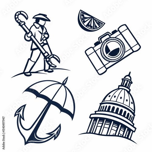 Travel icons anchor umbrella camera capitol building