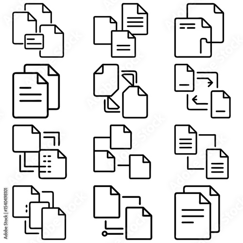 Collection of document icons depicting file relationships and data connections in a simple line art style