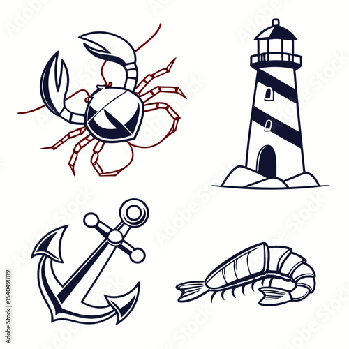 Nautical icons crab lighthouse anchor shrimp