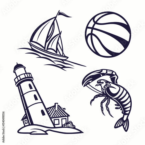 Sailing ship lighthouse basketball lobster coastal sport