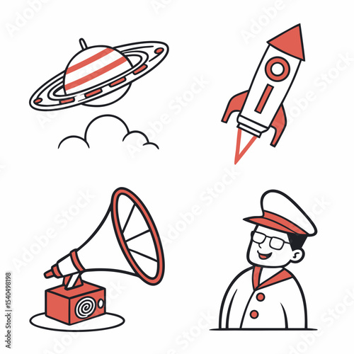 Professional cutout icons rocket planet gramophone man
