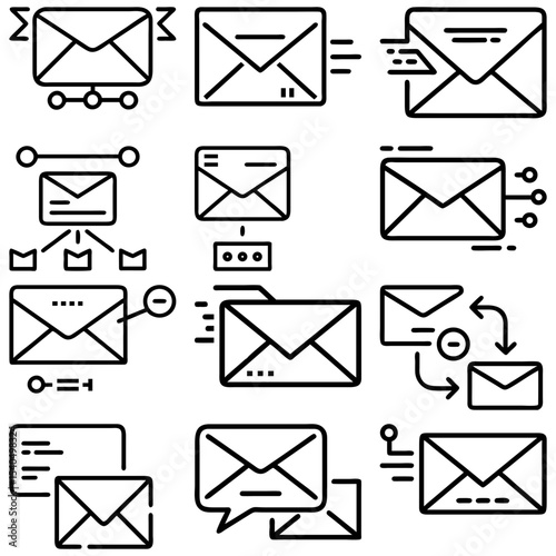 Collection of twelve email icons showing different states and actions in black outline style design vector