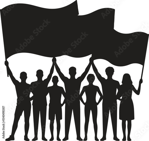 group of silhouette protesters standing united while holding large waving flags representing protest support or movement