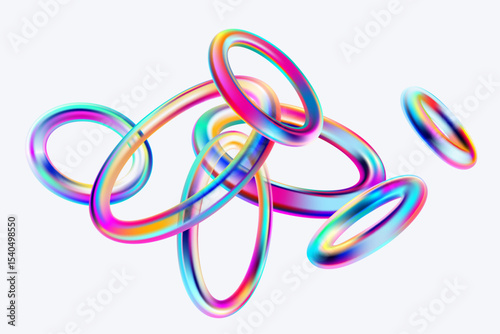 3D glass rings on white background. Colorful transparent geometric shape in glassmorphism style