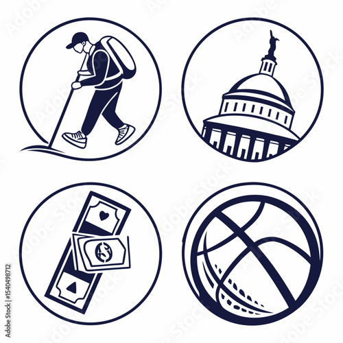 Travel money sports capitol building icon set