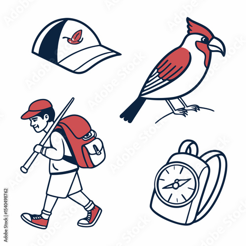 Hiking adventure camping cardinal bird backpack compass