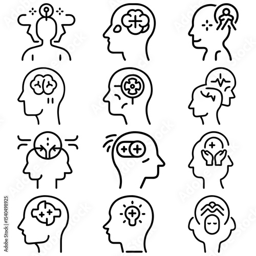 Collection of head profiles with various mental and thought process icons in black outline style vector art