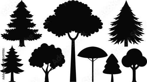 Collection of black silhouettes various trees nature forest