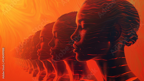 Silhouetted heads in profile with swirling background