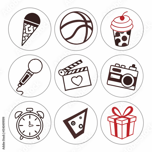 Nine simple icons representing hobbies and fun