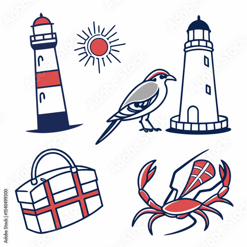 Nautical summer icons lighthouse bird crab sun gift