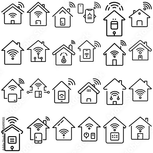 Collection of smart home icons featuring houses with wifi signals and connected devices in outline style