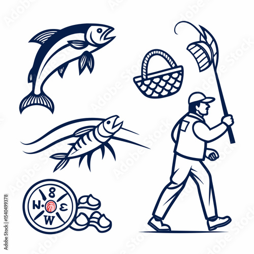 Fisherman walking with catch net fish compass boots