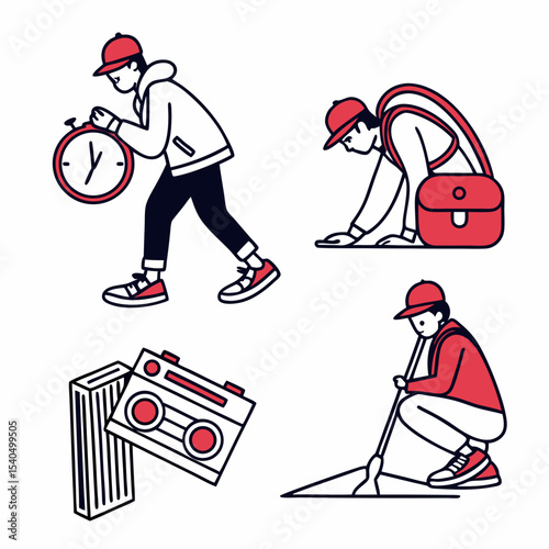 Young man carrying clock, cleaning, and music