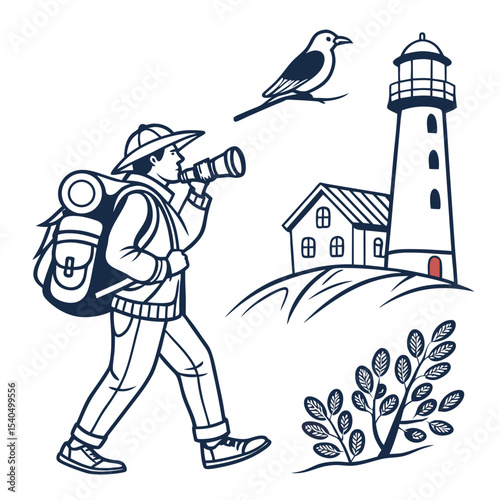 Coastal explorer birdwatching lighthouse scene illustration