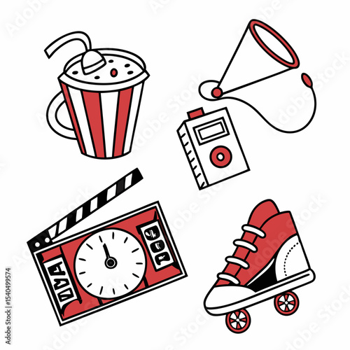 Movie night fun red and white icons