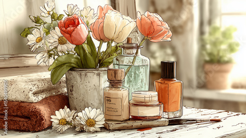 Hand drawn sketch style illustration of cosmetics on a vanity table including roses, tulips, daisies and some green leaves. The main subject is illustrated with expressive sketch ink lines and simple 
