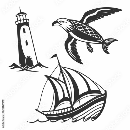 Lighthouse sailboat eagle sea turtle ocean wildlife