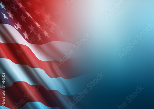 Wavy American Flag on Gradient Red and Blue Background, Symbolizing Patriotism, Freedom, and National Celebration.