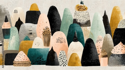 Colorful abstract illustration of various dessert shapes and textures on a neutral background
