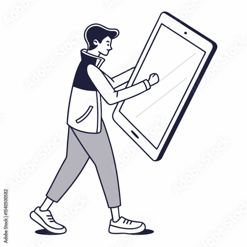 Young man holding giant tablet device illustration