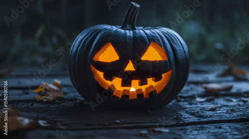 carved pumpkin with glowing face sits wooden surface, surrounded by autumn leaves, evoking