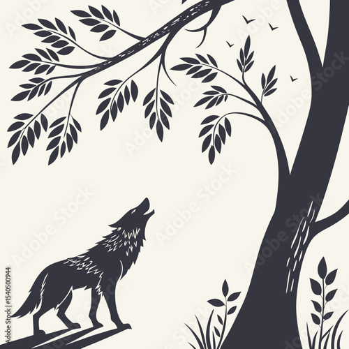 Lone wolf howling underneath a tree silhouette