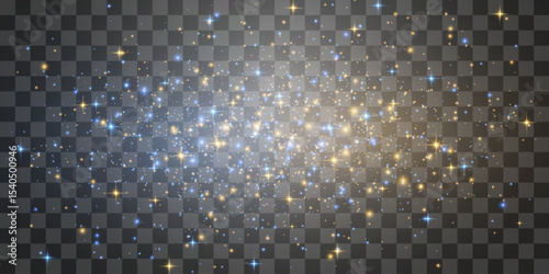 Magical light dust, dusty shine. Flying particles of light. Christmas light effect. Sparkling particles of fairy dust glow in transparent background. Vector illustration on png.